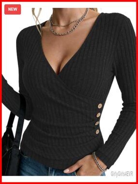 AUSELILY Women's Long Sleeve V-Neck Wrap Pullover Sweater Slim Fit